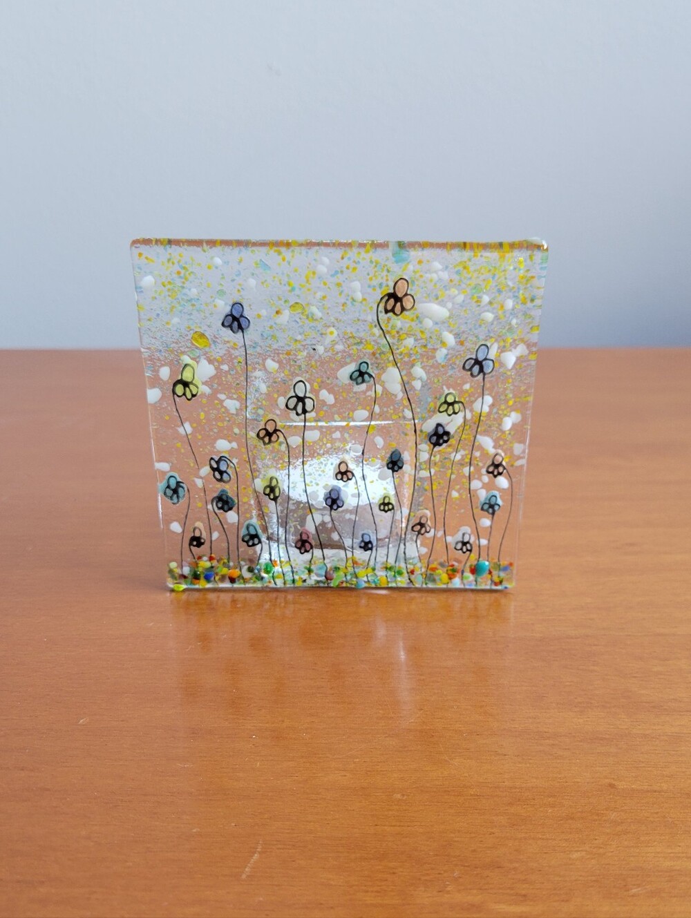 Fused Glass Wildflower Meadow Tealight Candle Holder Art Multicolor